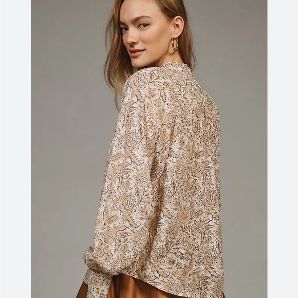 BOGO! Anthropologie Tie Neck Peasant Blouse Botanical Floral Print Size XS - Picture 2 of 10